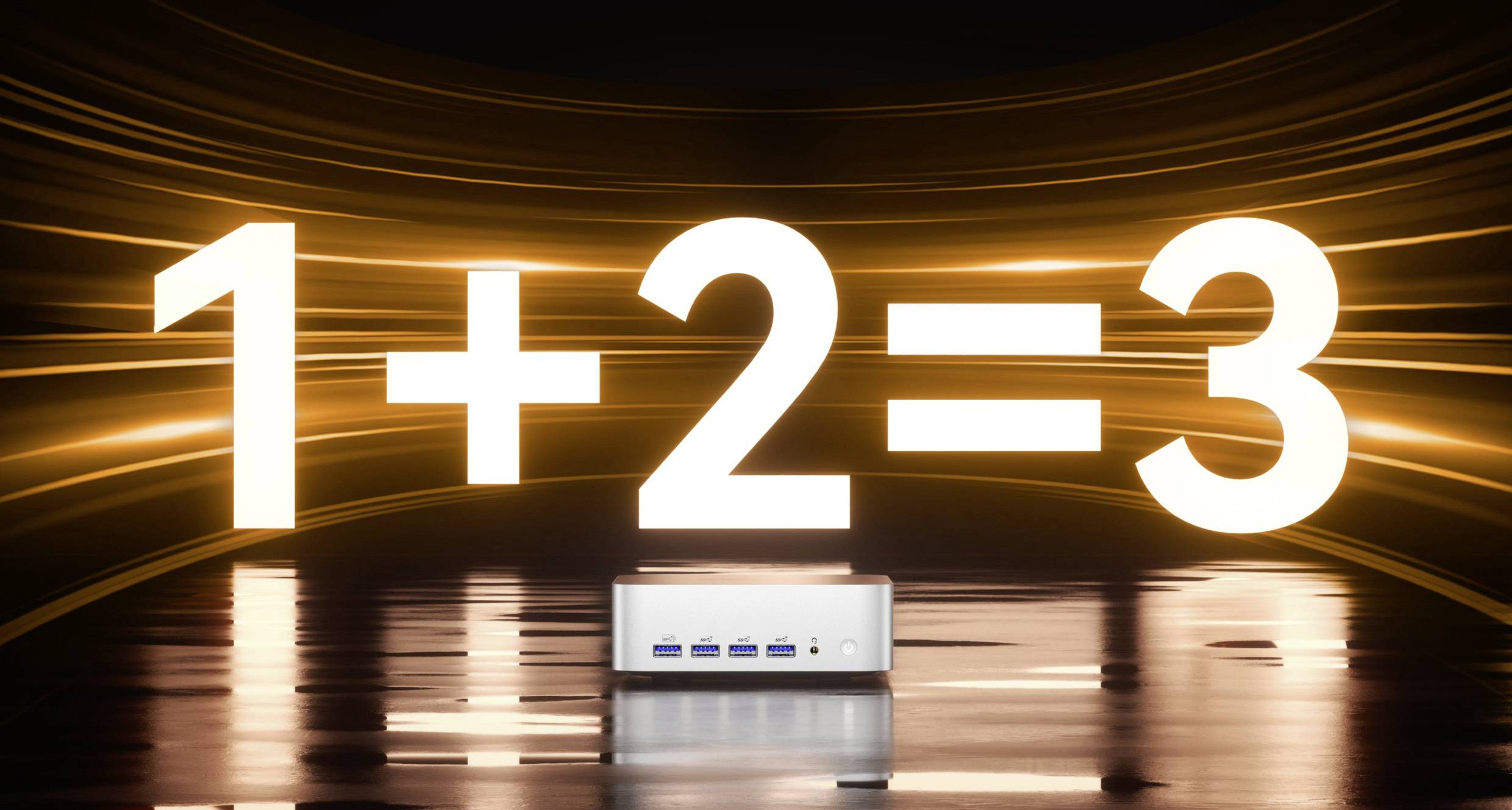 Napis świecący '1+2=3' widnieje nad małym komputerem. Tło jest dynamicznie oświetlone pomarańczowymi smugami światła.