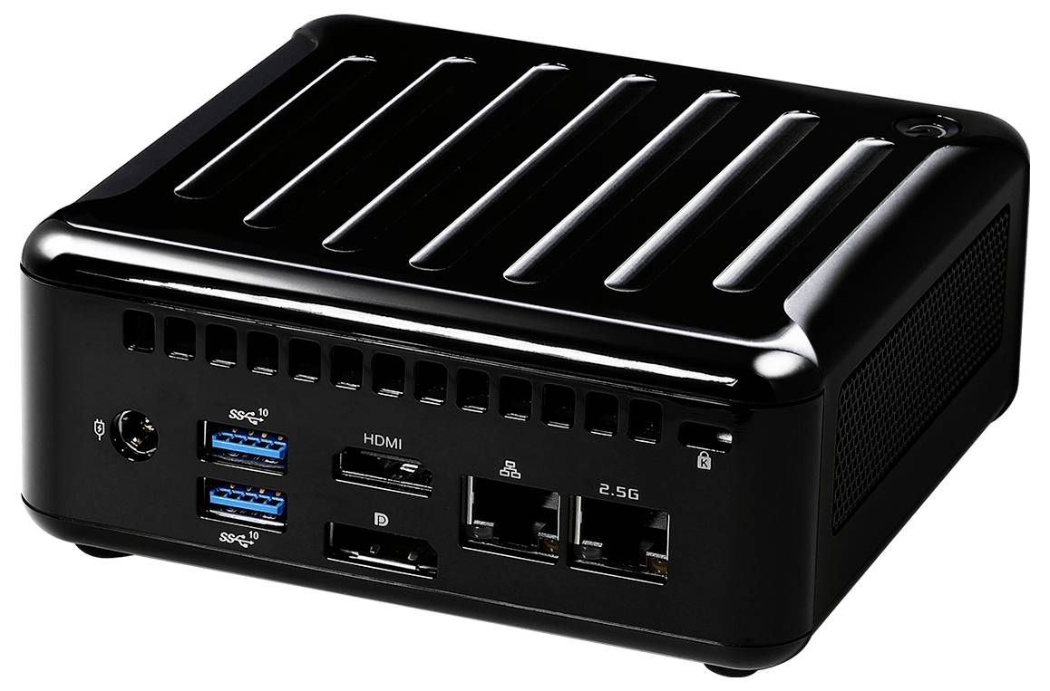 Czarny mini komputer z portami USB, HDMI i Ethernet z przodu. Kompaktowa, błyszcząca konstrukcja z otworami wentylacyjnymi.