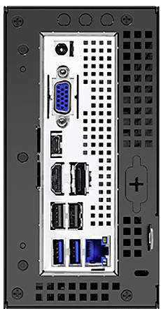 Tylna część obudowy komputera z różnymi złączami: VGA, HDMI, USB, gniazdo sieciowe i inne interfejsy.