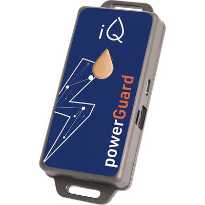 Prostokątne urządzenie o niebieskiej powierzchni wyświetla błyskawicę i napis 'iQ powerGuard'. Posiada złącza USB i micro-USB.