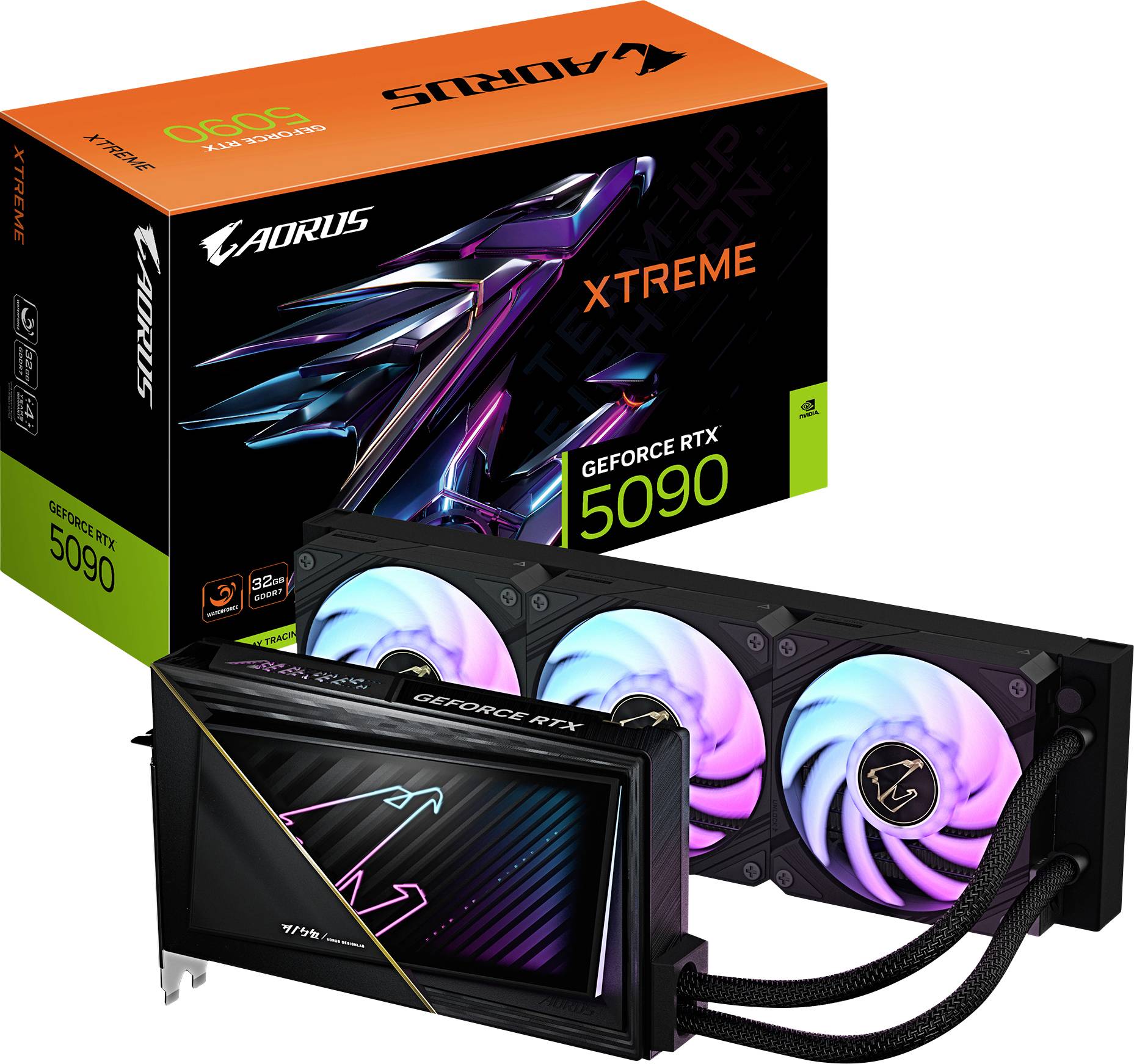 Karta graficzna AORUS GeForce RTX 5090 XTREME z podświetleniem RGB i trzywentylatorową konstrukcją. Opakowanie z nazwą produktu i logo.