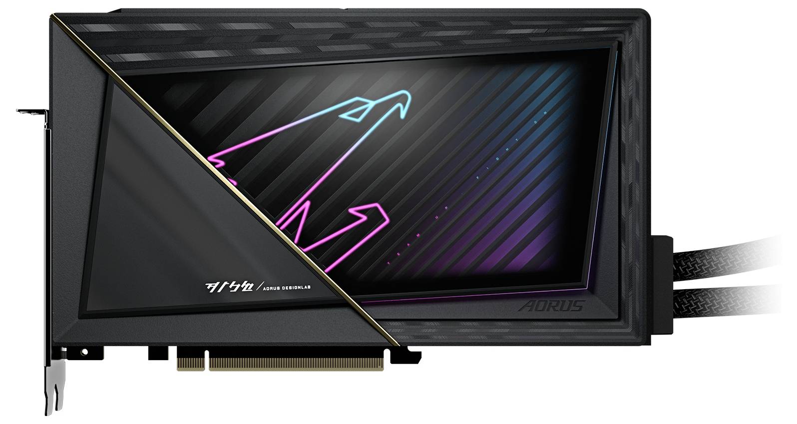 Karta graficzna z podświetleniem RGB i logo AORUS, czarna obudowa, prostokątny kształt, dwa kable przyłączeniowe po prawej stronie.