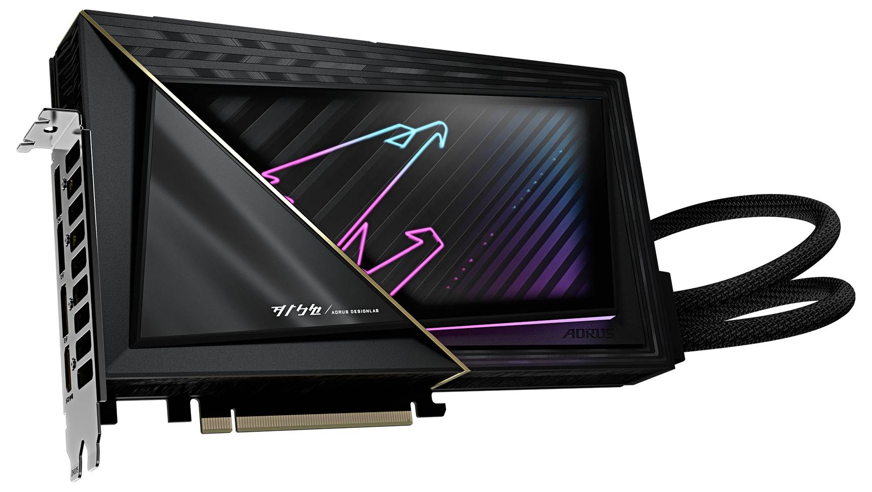 Karta graficzna o futurystycznym designie, z podświetlonym logo i złączem chłodzenia. Stosowana w komputerach do przetwarzania grafiki.