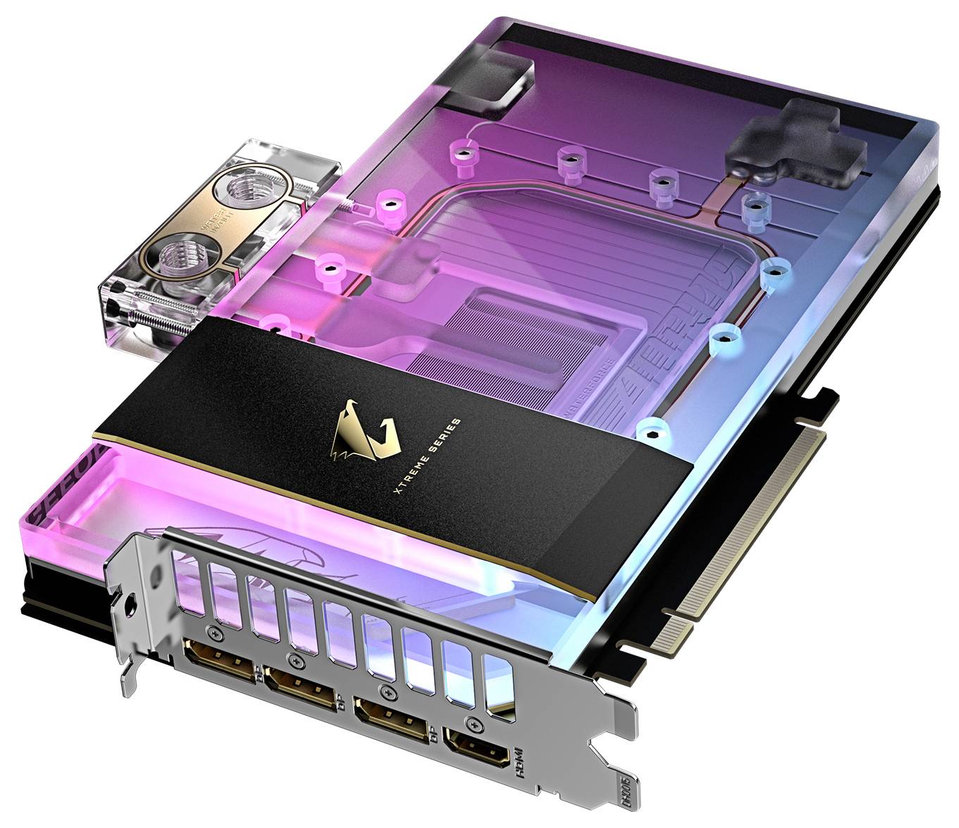 Karta graficzna z podświetleniem RGB i odkrytym blokiem chłodzenia wodnego, widoczne trzy złącza HDMI oraz trzy złącza DisplayPort.