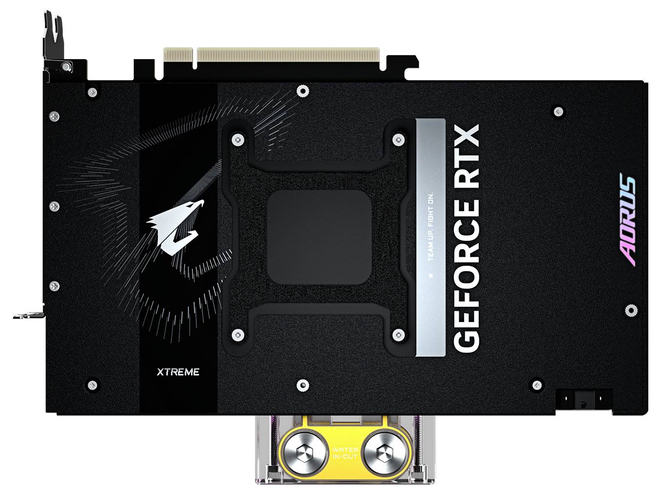 Karta graficzna marki 'Aorus' z napisem 'GeForce RTX', wyróżniająca się designem z logo, przeznaczona do zaawansowanych komputerów dla graczy.