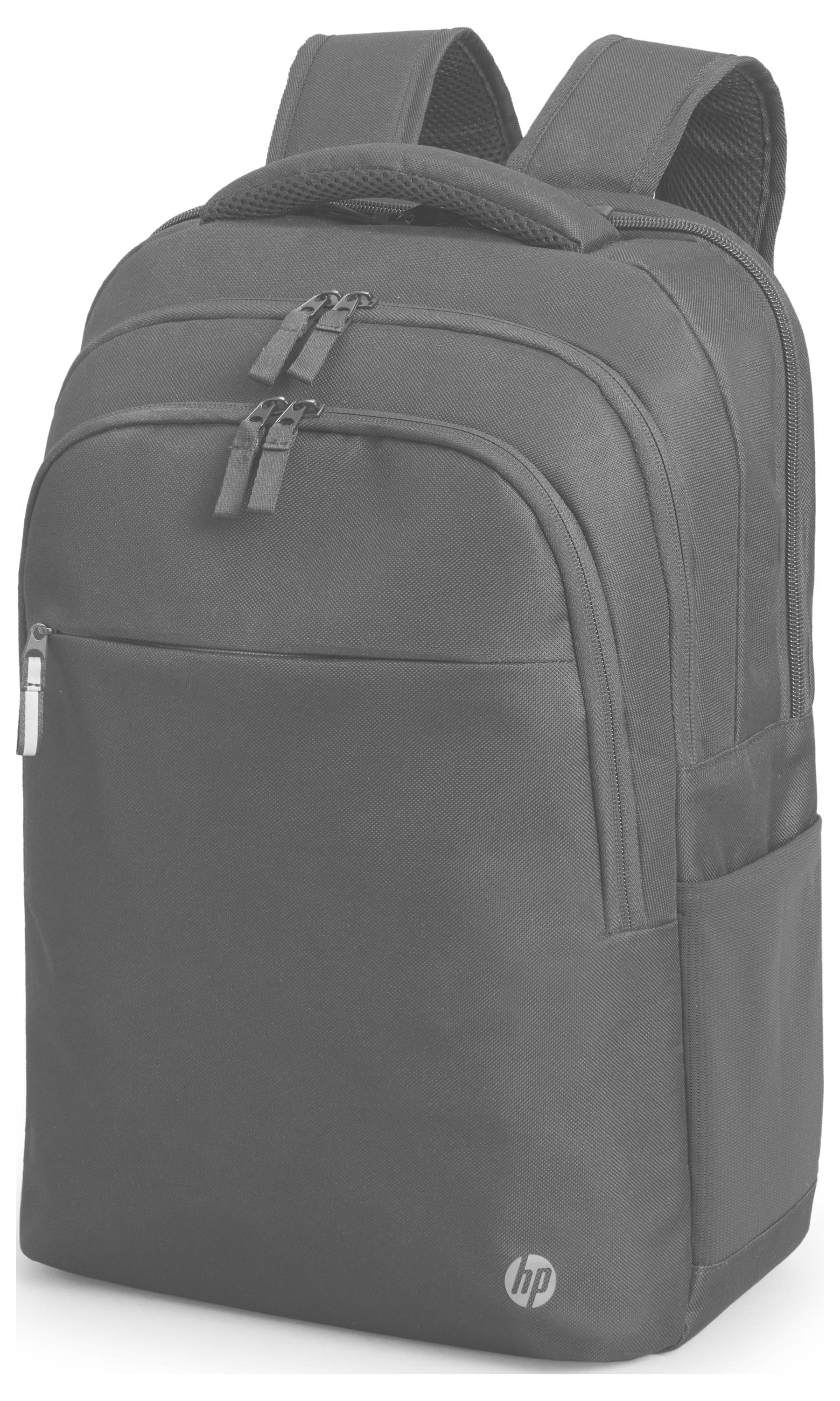 Szary plecak na laptopa z wieloma kieszeniam i zamkami błyskawicznymi. Logo HP w prawym dolnym rogu. Idealny do przewożenia sprzętu elektronicznego i akcesoriów.