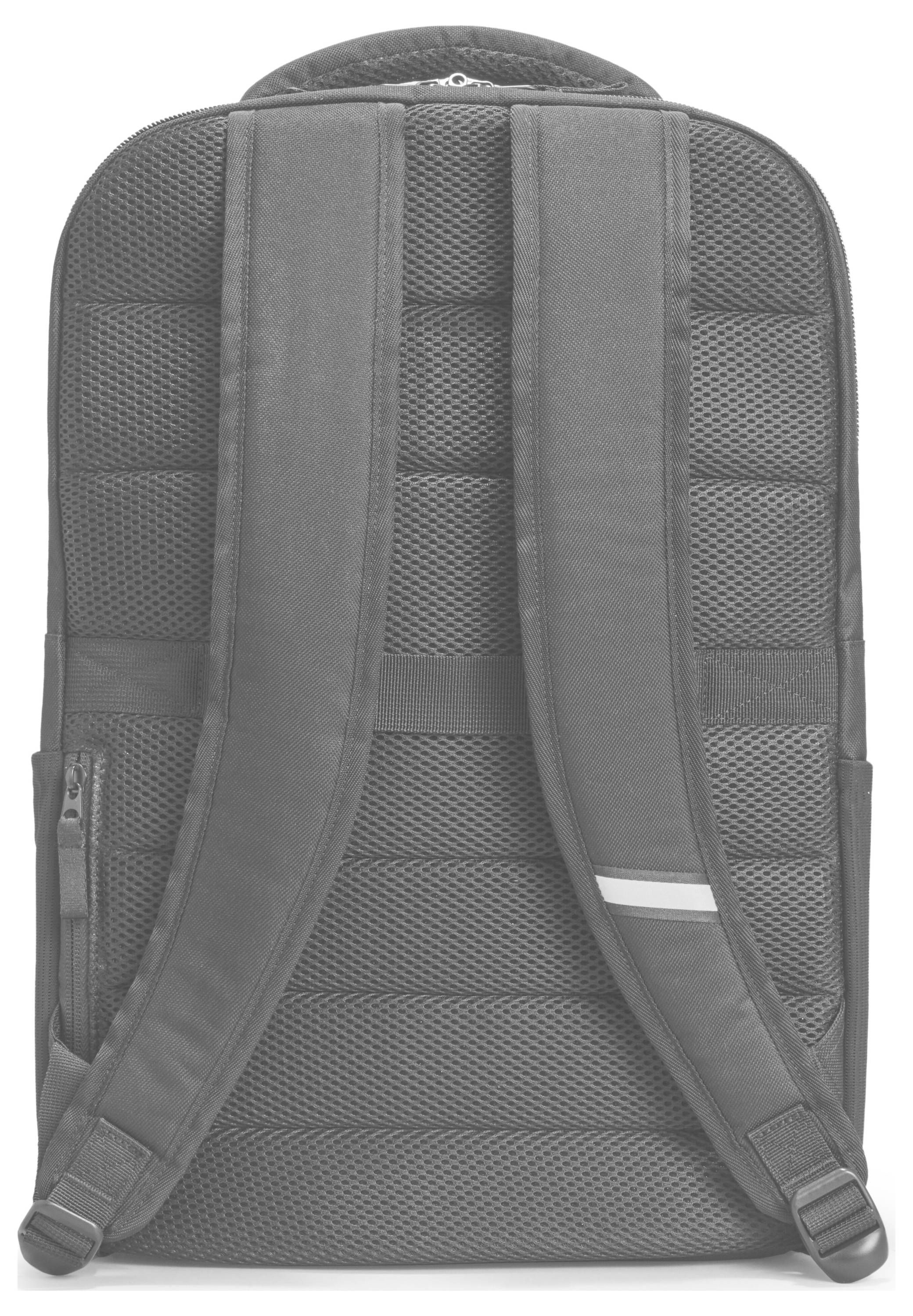 Widok z tyłu szarego plecaka z wyściełanymi paskami na ramiona i górnym uchwytem do przenoszenia.