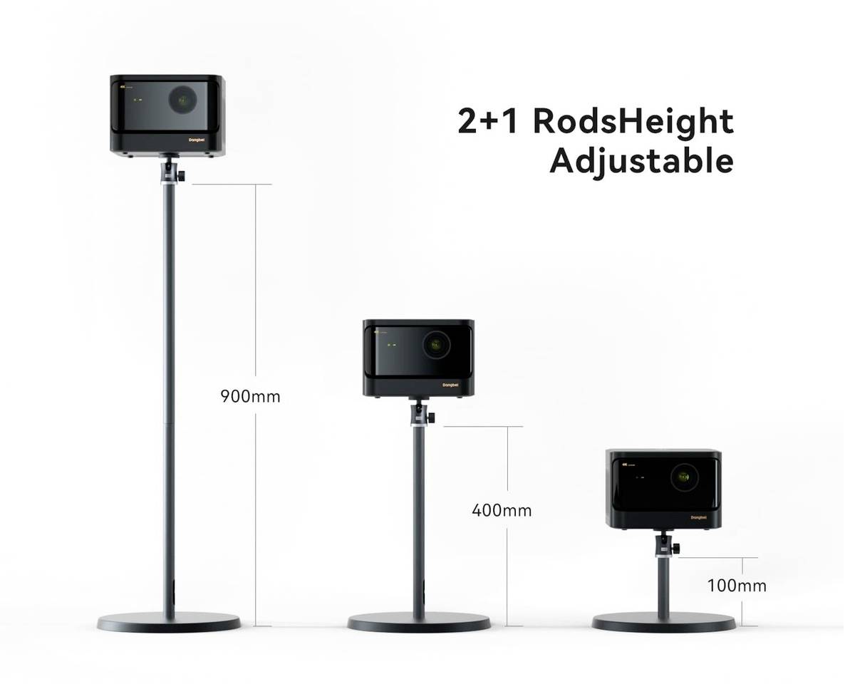 Trzy czarne uchwyty statywowe w różnych wysokościach (900 mm, 400 mm, 100 mm) z kamerami na górze. Tekst po prawej stronie: '2+1 Regulowane wysokości słupków'.