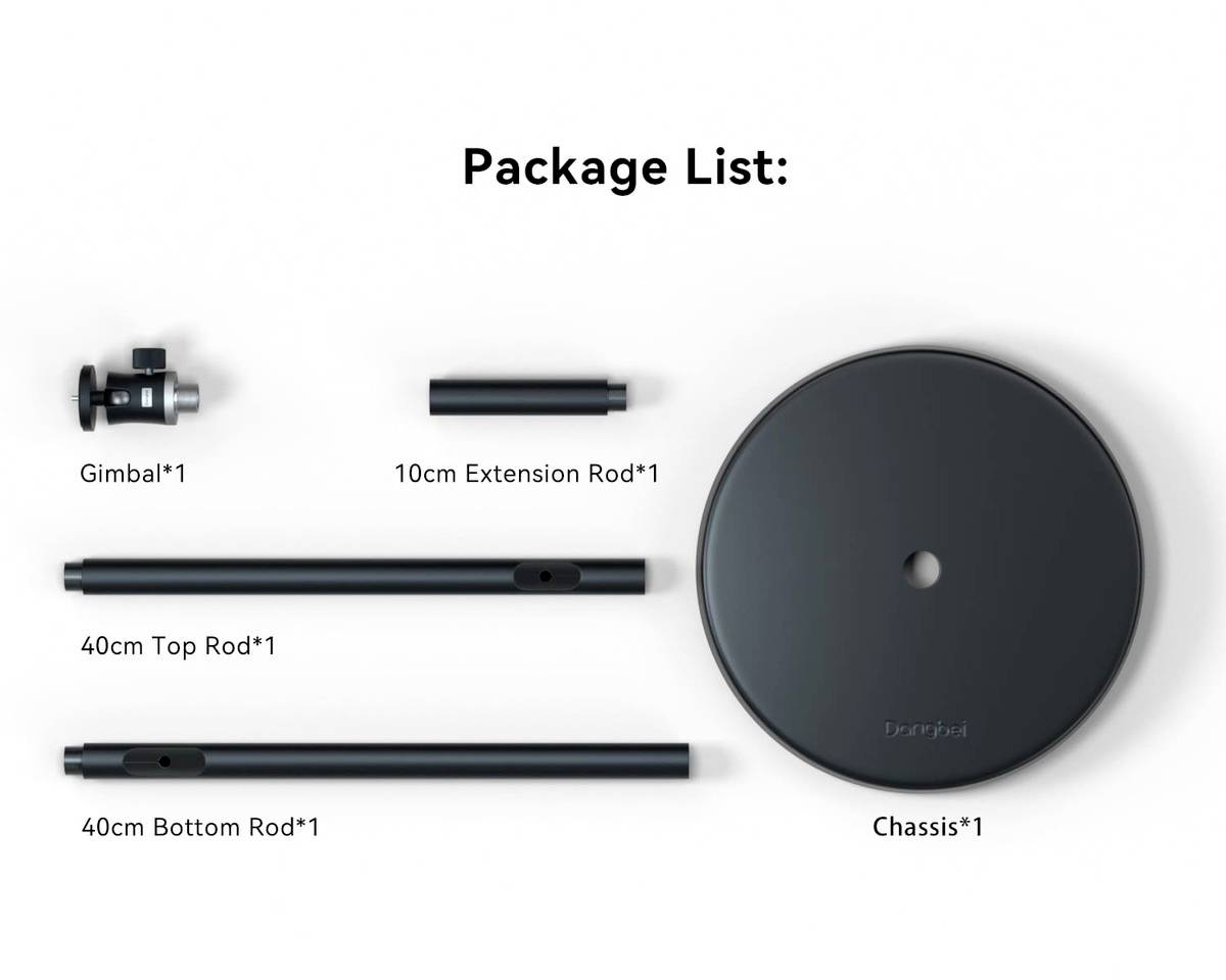 Lista elementów: Gimbal, 10-centymetrowy przedłużacz, 40-centymetrowa górna i dolna szyna, podwozie.