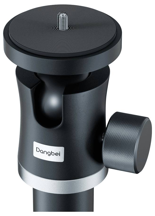 Czarny głowica statywu fotograficznego z śrubą na górze, bocznym pokrętłem blokady i logo 'Dangbei' z przodu.