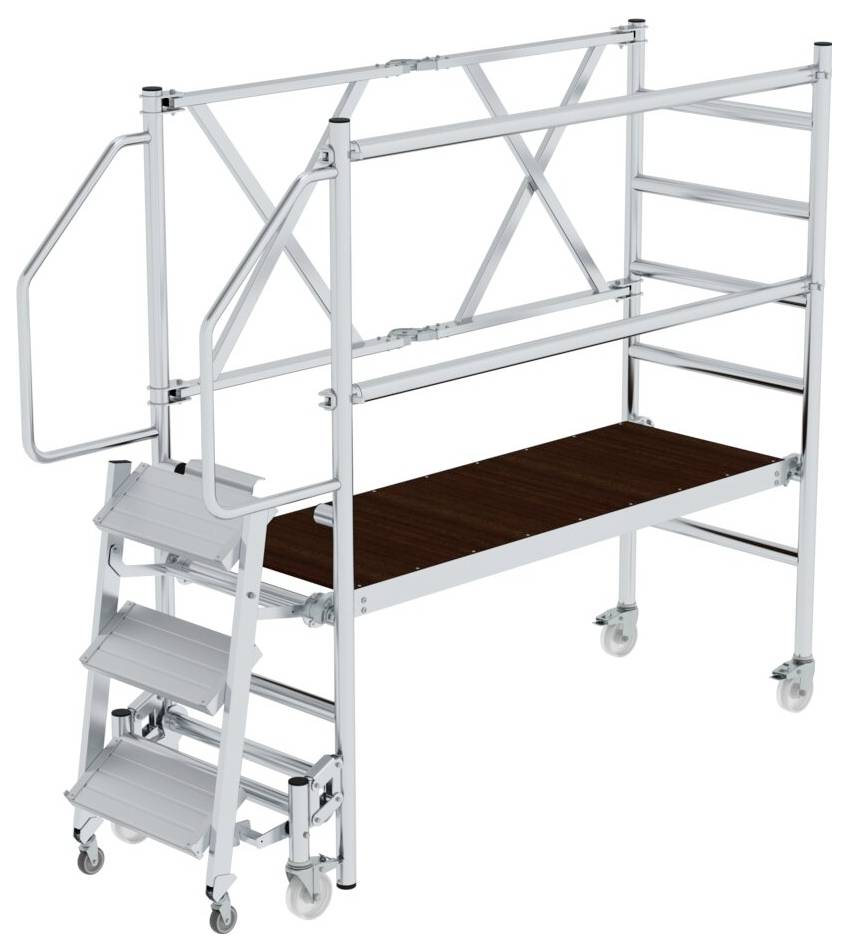 Składane, przenośne rusztowanie aluminiowe z trzema stopniami, platformą i kółkami do łatwego transportu i wszechstronnego wykorzystania.