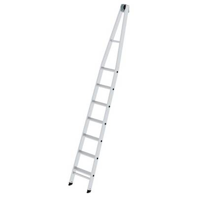 Długa aluminiowa drabina o ośmiu szczeblach, stojąca pionowo.