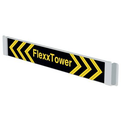 Żółta tablica z napisem 'FlexxTower', otoczona żółtymi strzałkami skierowanymi w prawo na czarnym tle.