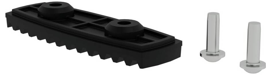 Czarny, prostokątny element gumowy z prążkowanym spodem, obok niego dwie srebrne śruby metalowe.