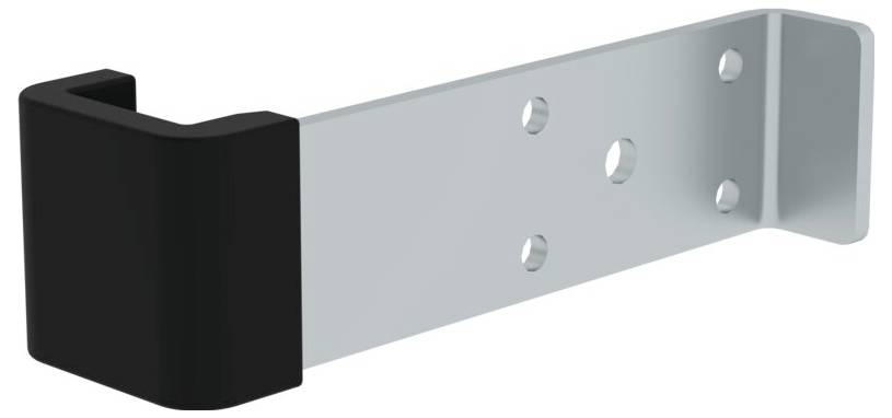 Kątownik metalowy z czarną nasadką gumową, z pięcioma otworami montażowymi, odpowiedni do zastosowań wewnątrz i na zewnątrz budynków.