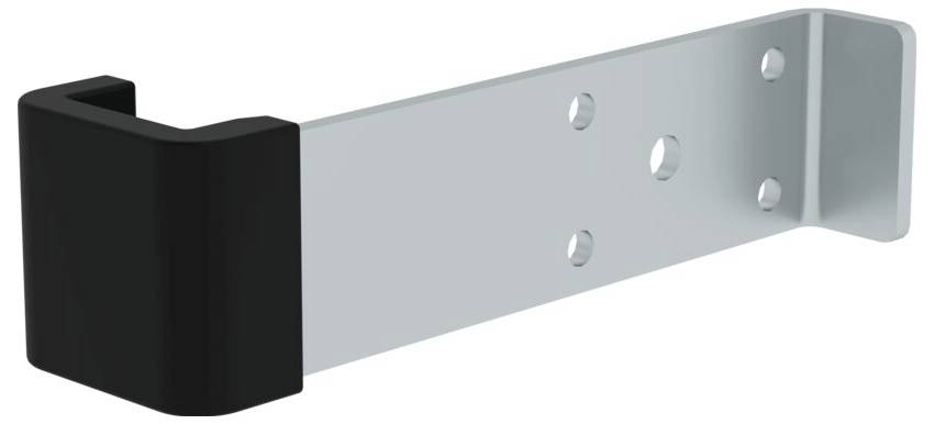 Kąt metalowy z czarnym plastikowym zakończeniem, z trzema otworami pośrodku do mocowania. Stosowany do stabilnego montażu lub podparcia.