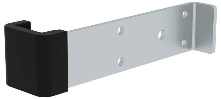 Uchwyt metalowy z czarnym zakończeniem z tworzywa sztucznego, z czterema otworami montażowymi.
