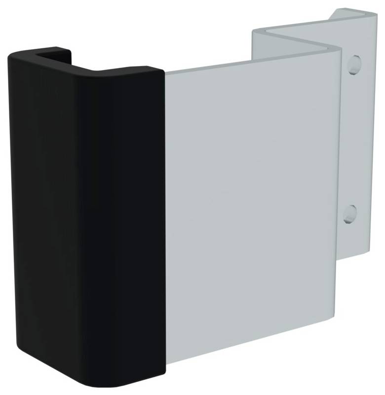 Kątownik metalowy z czarną osłoną z tworzywa sztucznego, z dwoma otworami na śruby po prawej stronie.