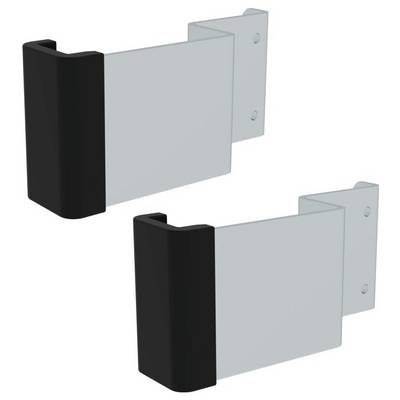 Dwie prostokątne metalowe uchwyty z czarnymi nakładkami po jednej stronie, nadające się do zamocowania na ścianie.