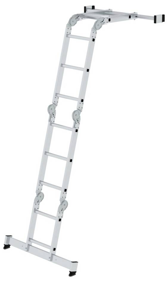 Składana drabina aluminiowa w pozycji otwartej, odpowiednia do różnych zastosowań ze względu na swoją elastyczność i stabilność.