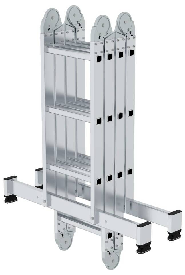 Wielofunkcyjna, srebrna drabina aluminiowa z wieloma przegubami, która umożliwia różne pozycje robocze. Idealna do wszechstronnego zastosowania.