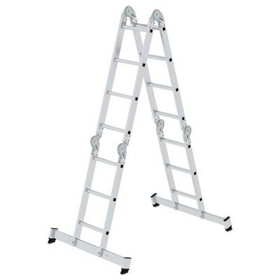 Rozkładana drabina aluminiowa w kształcie litery A jest rozłożona. Posiada kilka przegubów, które umożliwiają elastyczne użytkowanie.