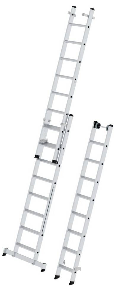 Dwuczęściowa, rozsuwana drabina aluminiowa z czarnymi gumowymi nakładkami na końcach.
