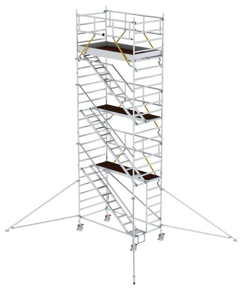 Mobilne rusztowanie aluminiowe z wieloma platformami, schodami i stabilizatorami do prac budowlanych i konserwacyjnych.
