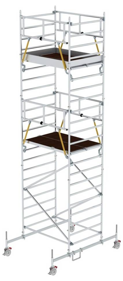 Rusztowanie budowlane na kółkach z dwoma platformami na różnych wysokościach, przeznaczone do prac na dużej wysokości, wykonane z metalu.