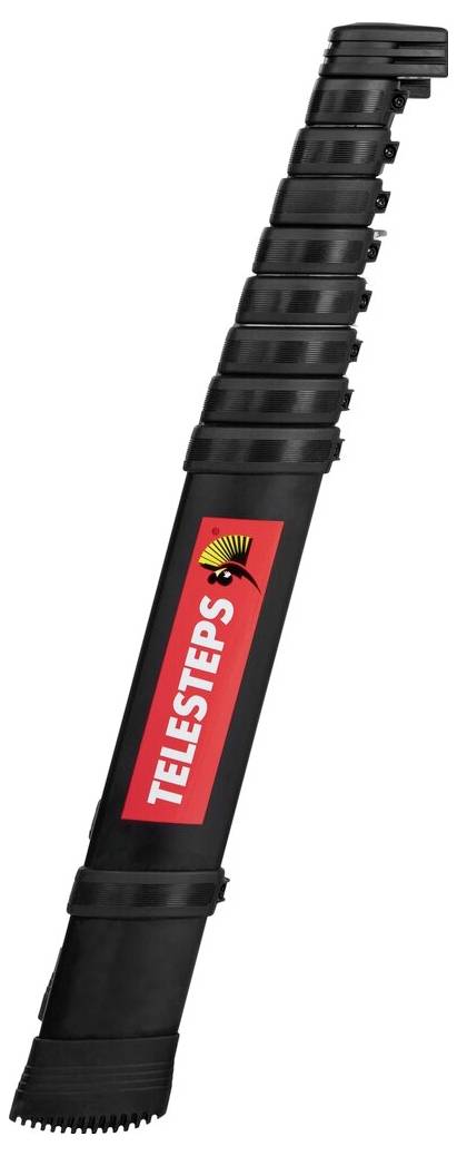 Drabina teleskopowa w złożonym położeniu, czarna z czerwonym logo 'Telesteps', kompaktowa i przenośna, przystosowana do różnych wysokości.
