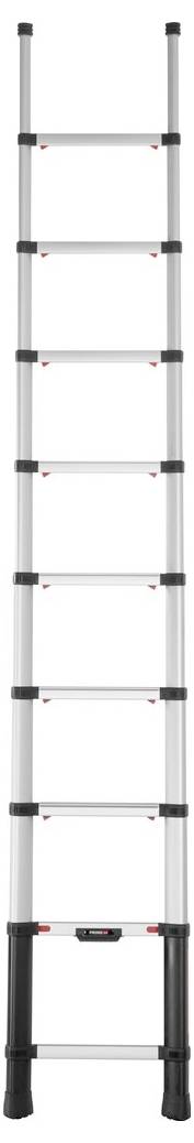 Rozkładana drabina aluminiowa z czarnymi stopkami i czerwonymi zatrzaskami, całkowicie rozłożona. Nadająca się do użytku wewnątrz i na zewnątrz.