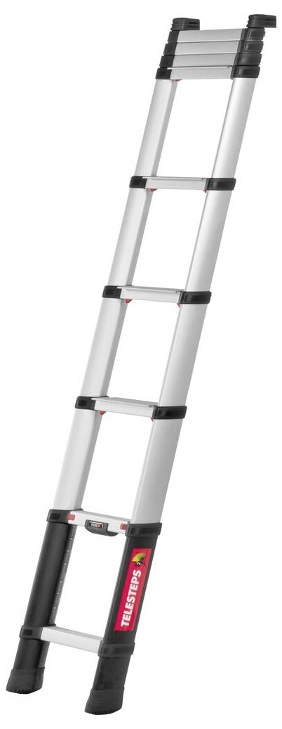 Drabina teleskopowa aluminiowa, rozłożona, pokazuje kilka stopni i czarne gumowe stópki zapewniające stabilność. Odpowiednia do różnorodnych prac na wysokości.
