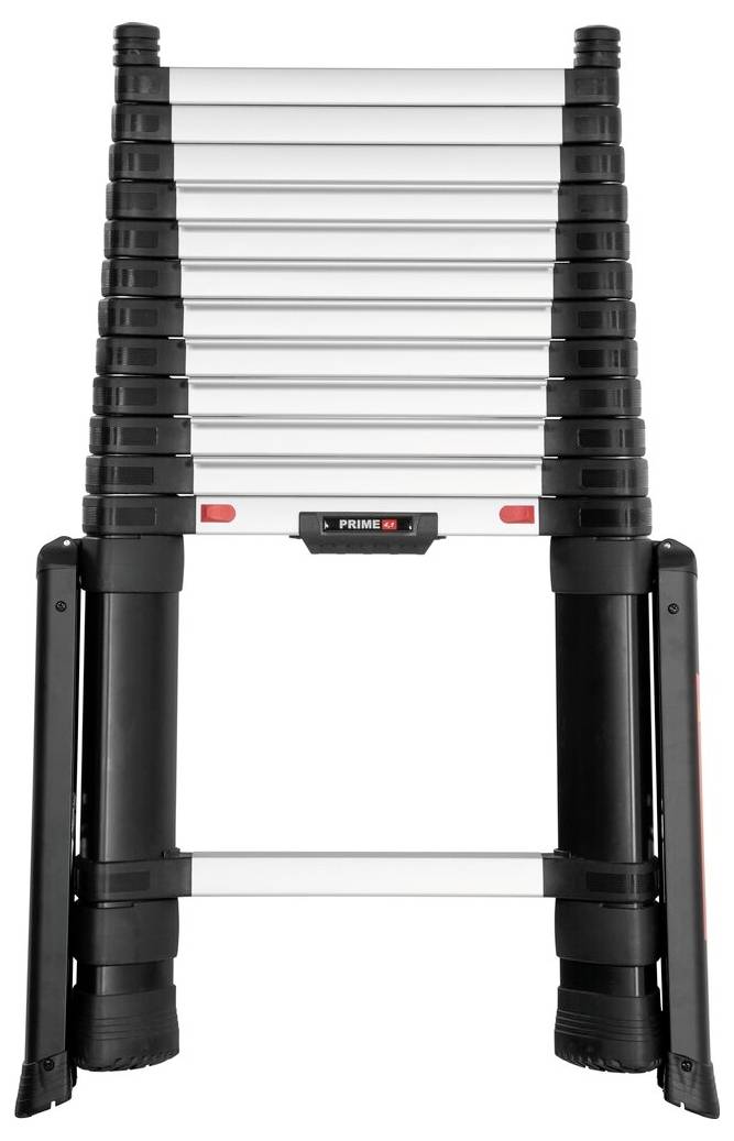 Rozkładana drabina teleskopowa w pozycji rozłożonej, odpowiednia do różnorodnych prac na wysokości oraz oszczędzająca miejsce podczas przechowywania.