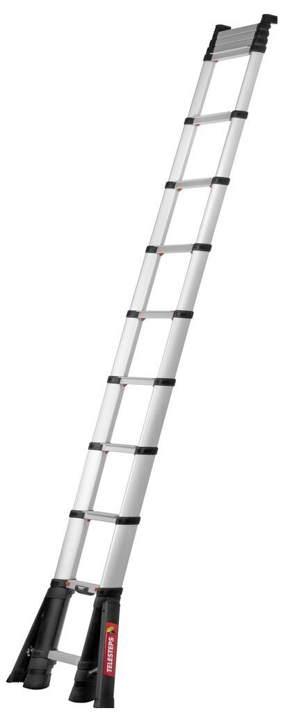 Aluminiowa drabina teleskopowa, całkowicie rozłożona, z czarnymi złączkami i czerwonymi oznaczeniami bezpieczeństwa.