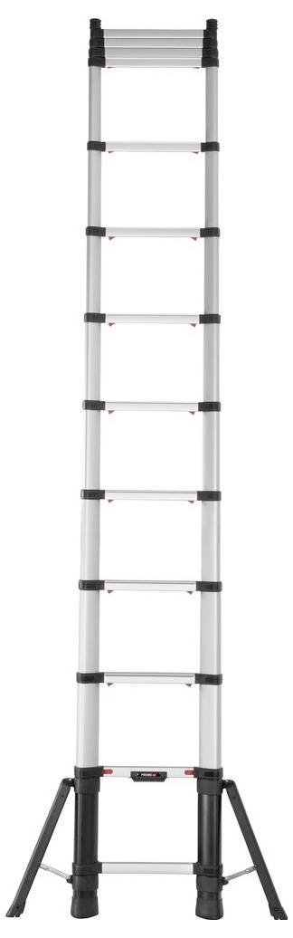 Długa, rozkładana drabina aluminiowa z czarnymi, antypoślizgowymi gumowymi stopkami i solidnymi poprzeczkami zapewniającymi stabilność.