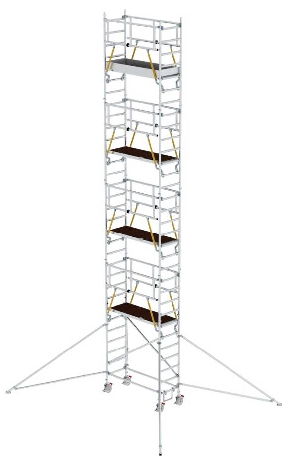 Ilustracja wysokiego, wolnostojącego rusztowania z wieloma platformami i zastrzałami, przydatnego do prac budowlanych lub remontowych.