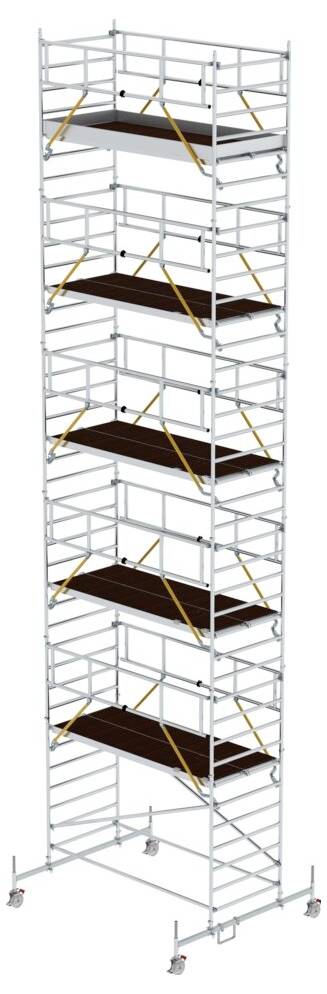Wysokie rusztowanie budowlane z wieloma platformami i balustradami. Jest mobilne na kółkach i posiada zabezpieczające pręty ochronne.