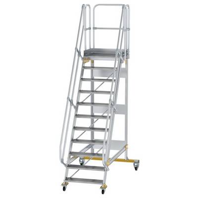 Mobilne schody aluminiowe z poręczami, dziesięciostopniowe, z platformą na górze. Odpowiednie do bezpiecznej pracy na wysokości.