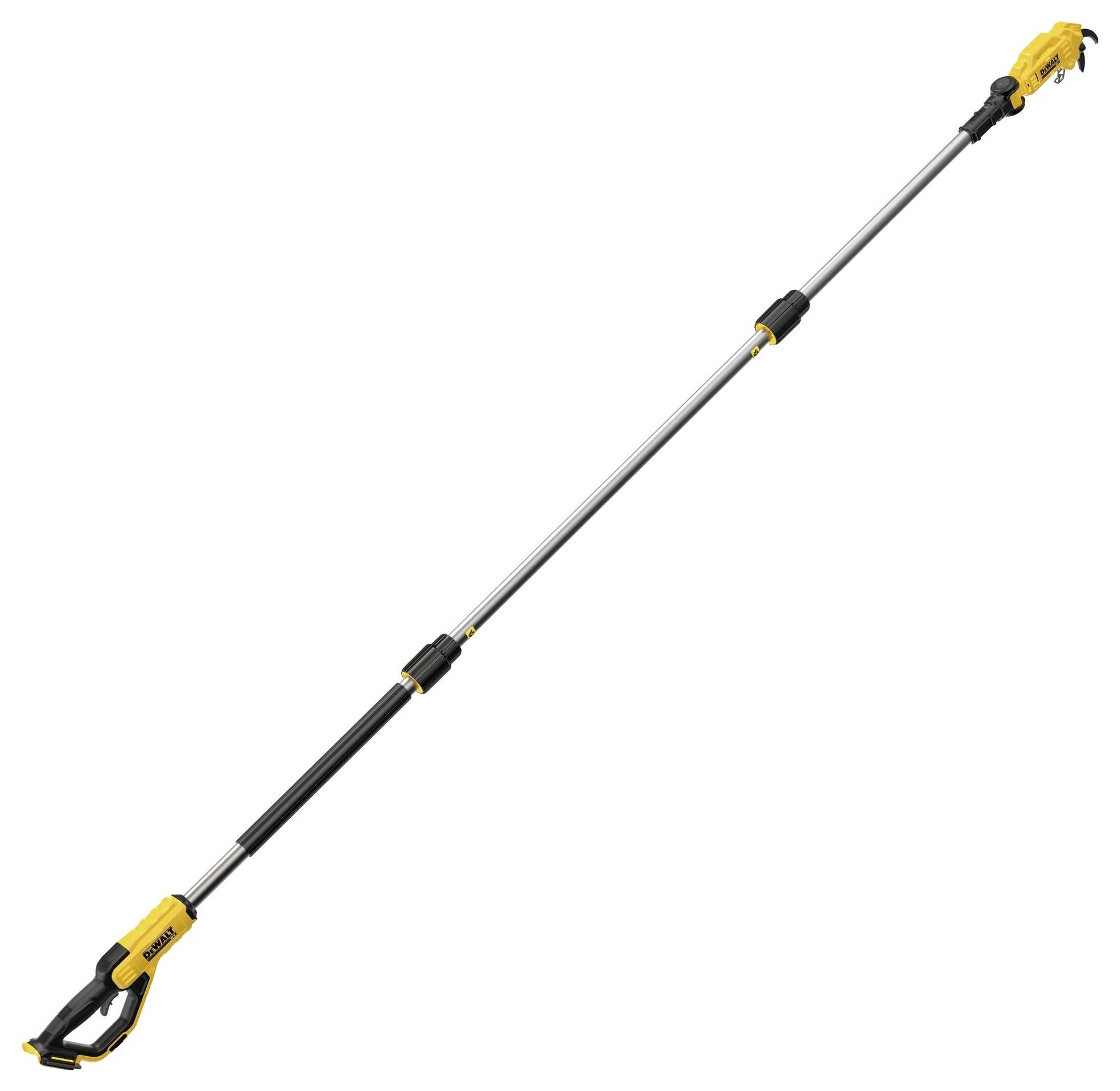 Telescopische nożyce do żywopłotu z żółtą rękojeścią i długim, regulowanym trzonkiem do przycinania trudno dostępnych gałęzi.