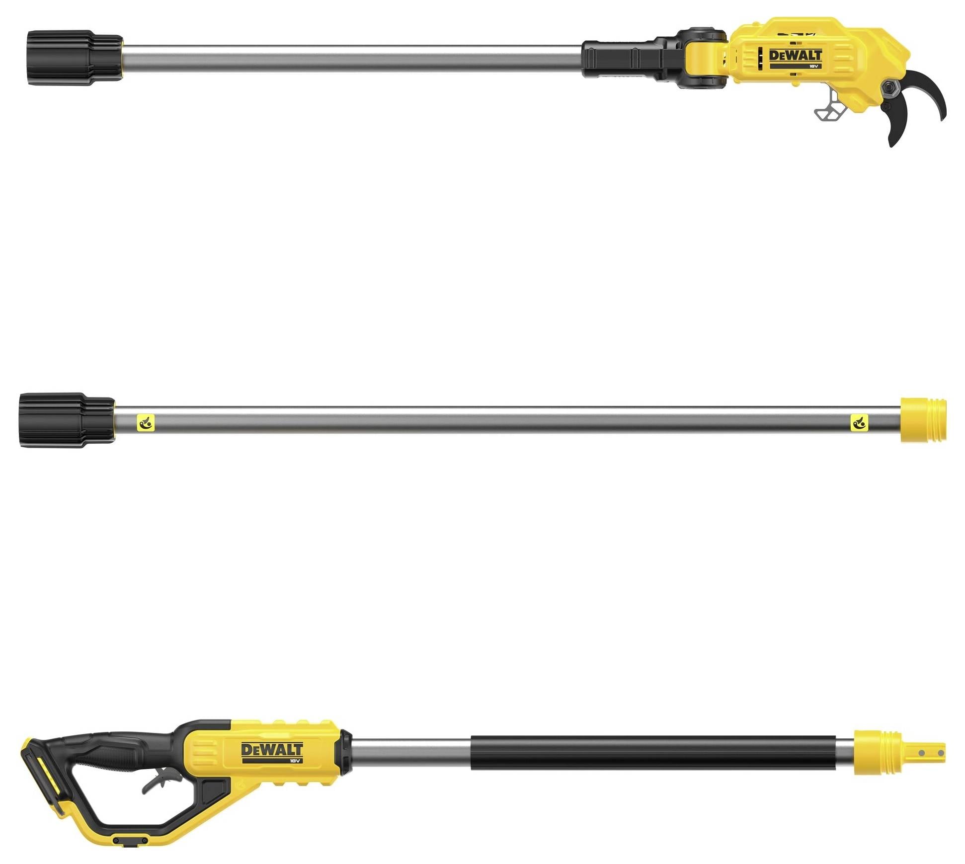 Sekator DEWALT składający się z trzech części: rękojeść z piłą, część środkowa do przedłużenia oraz uchwyt. Odpowiedni do przycinania gałęzi na wysokości.