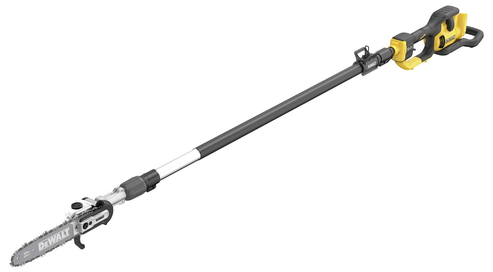 Akumulatorowa piła do gałęzi z teleskopowym trzonkiem w czarno-żółtej kolorystyce, odpowiednia do przycinania drzew w trudno dostępnych miejscach.