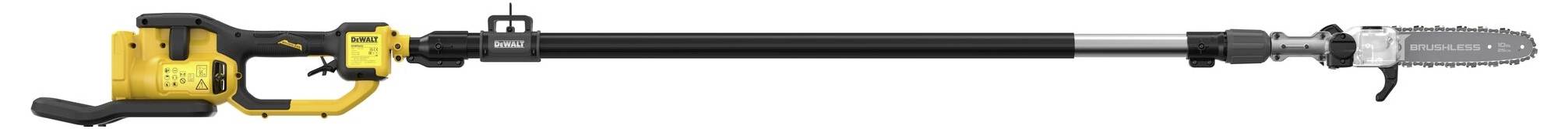 Żółta elektryczna piła łańcuchowa z wydłużanym teleskopowym trzonkiem, odpowiednia do przycinania wysokich gałęzi w ogrodzie.