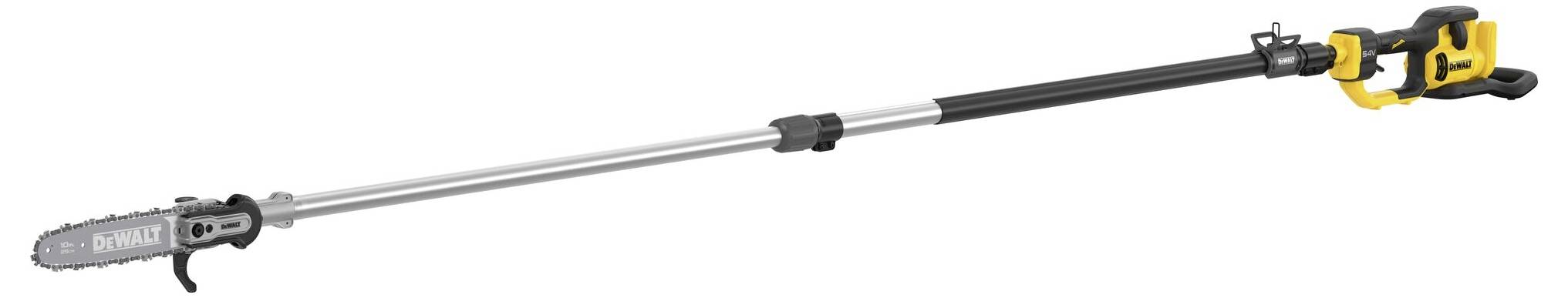 Elektryczna sekator teleskopowy z żółtą rękojeścią, rozsuwany do cięcia wysokich gałęzi.