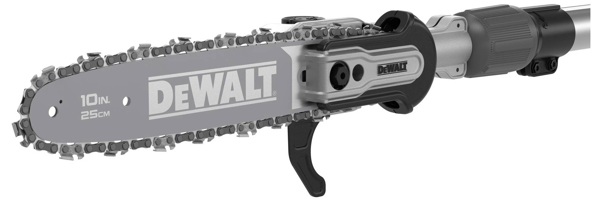 Akumulatorowa piła łańcuchowa z logo DeWalt na szynie, o długości 25 cm. Widoczne jest ostrze i część uchwytu.