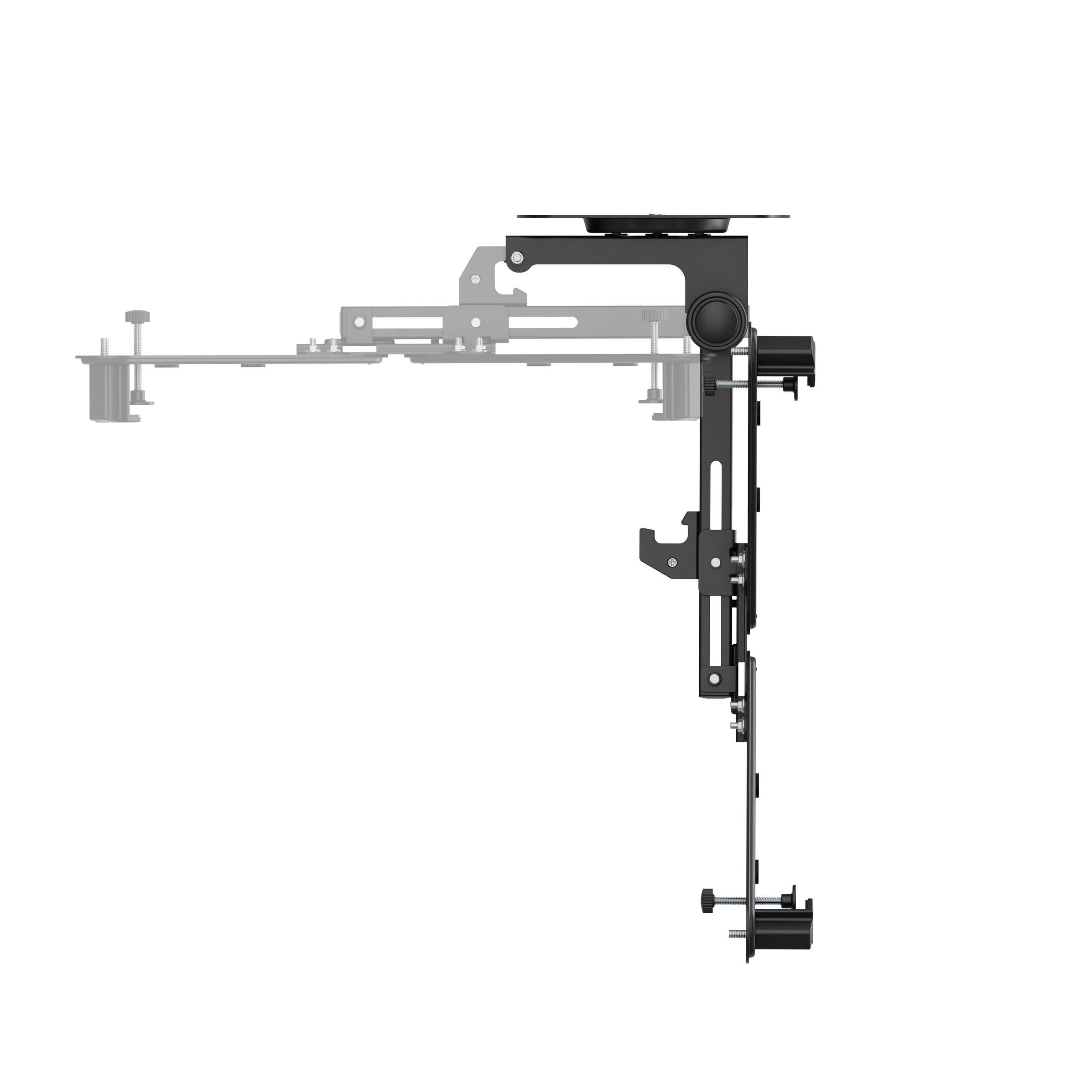 Widok z boku złożonego mocowania metalowego z wieloma ramionami i punktami mocowania, służącego do montażu urządzeń elektronicznych.