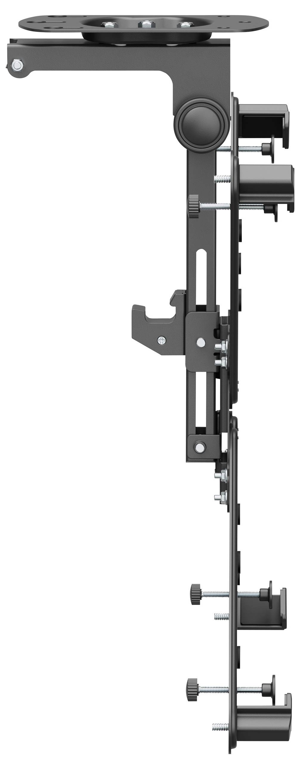 Metalowy kątownik montażowy w widoku profilu z wkrętami i śrubami, prezentujący szczegółowe komponenty mocowania.
