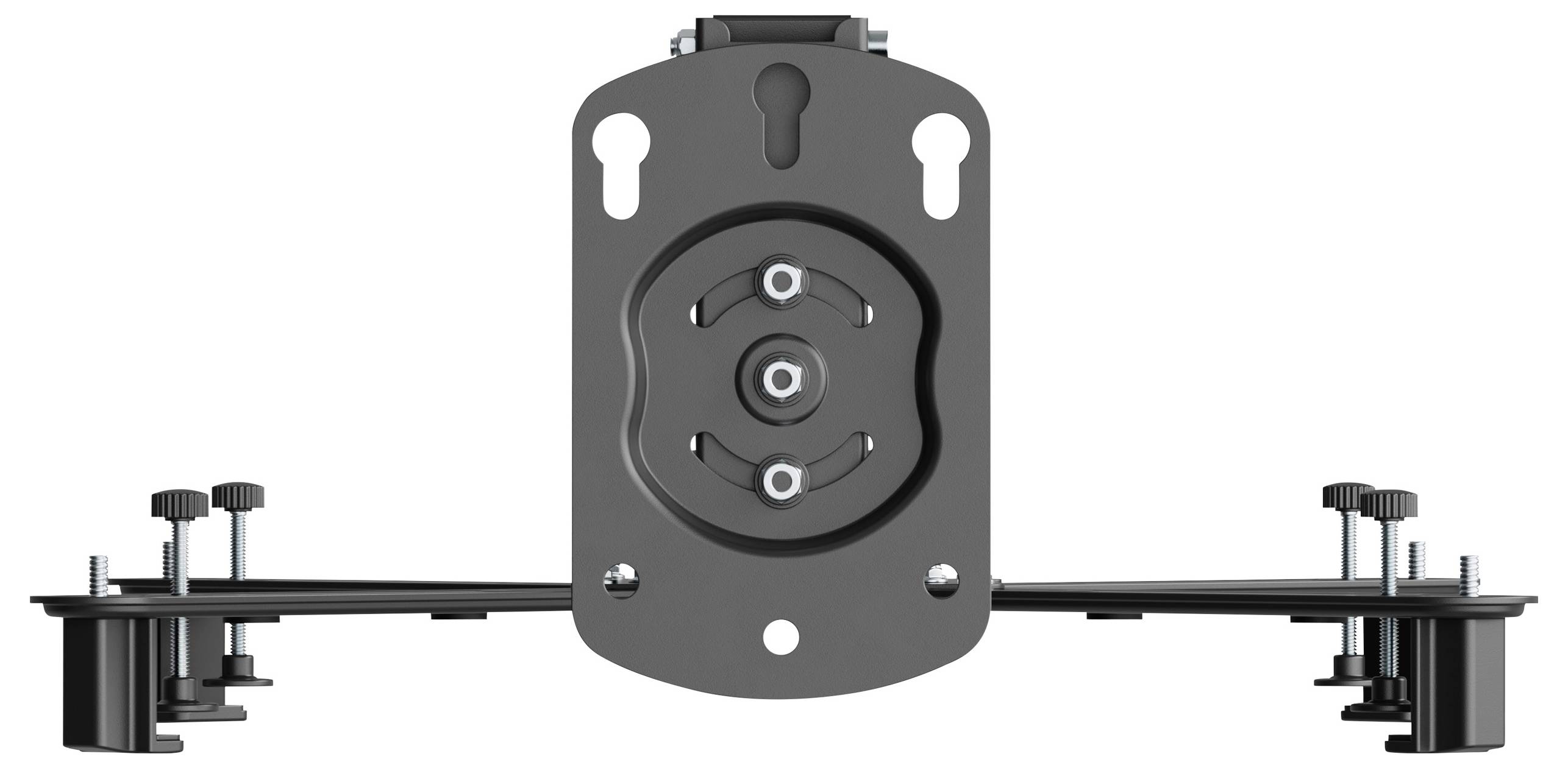 Uchwyt projektowy z czarnego metalu z regulowanymi ramionami i śrubami do montażu sufitowego.