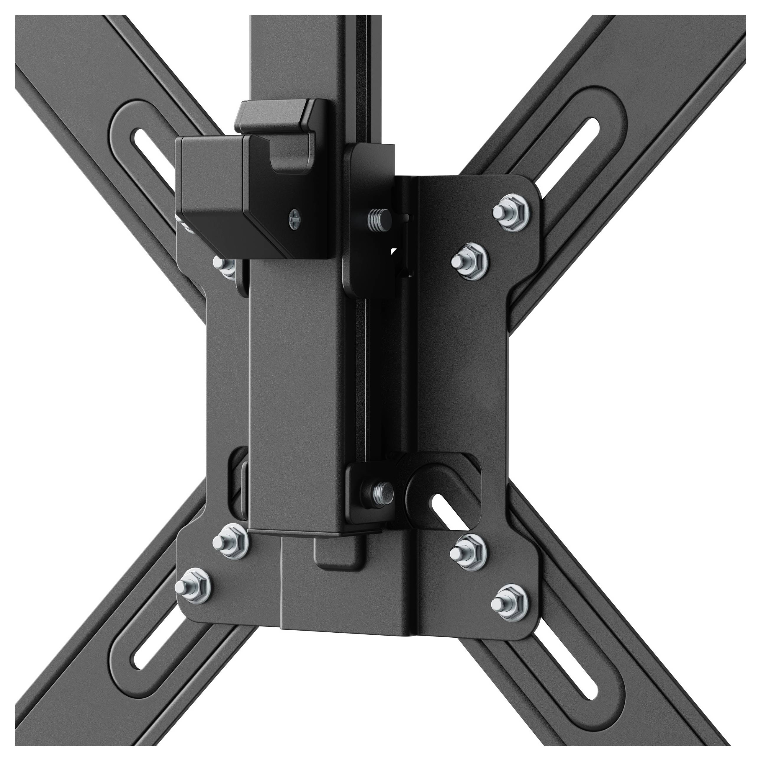 Metalowy uchwyt monitora z otworami i śrubami do regulacji wysokości i nachylenia.