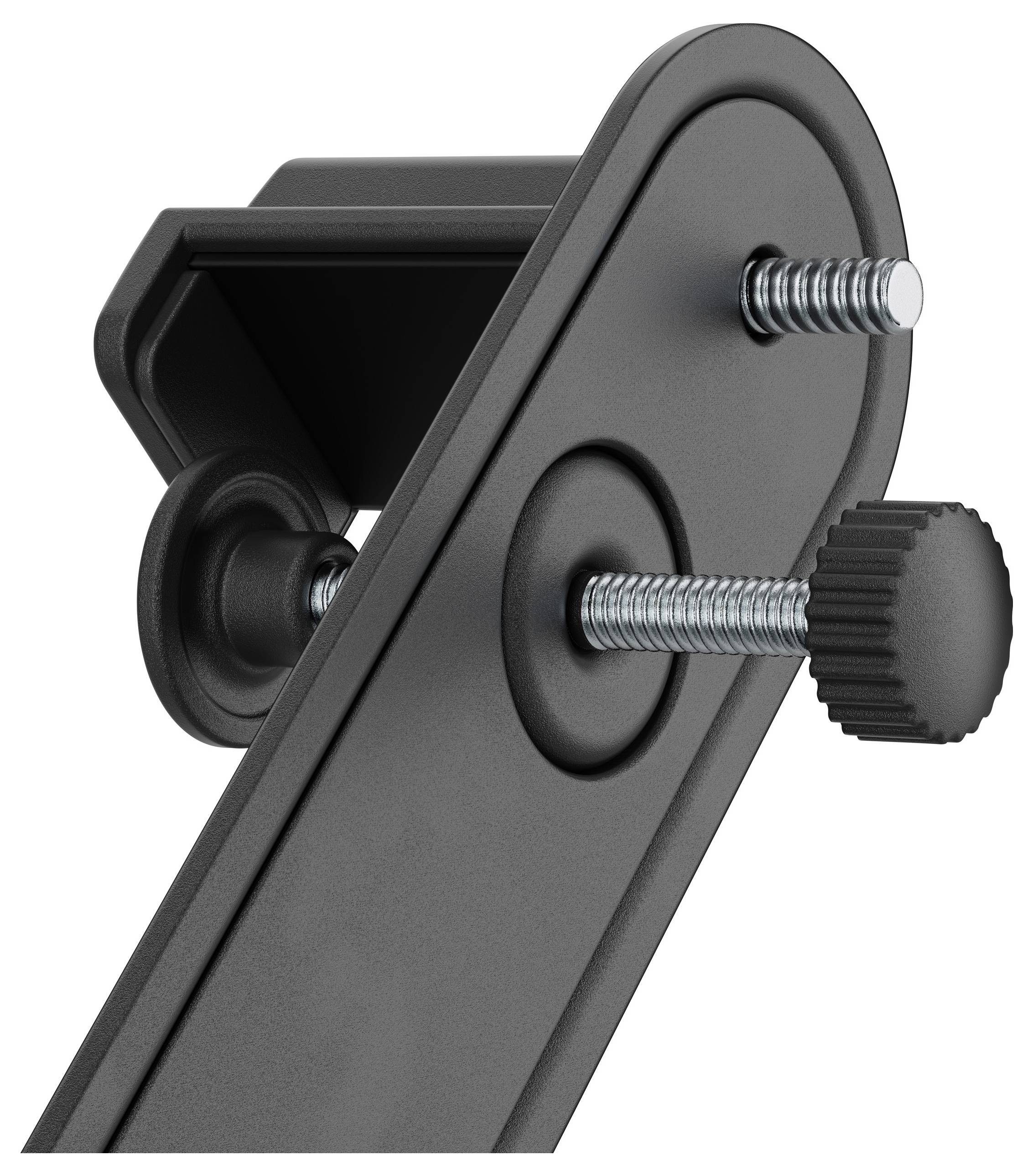 Czarny metalowy system zaciskowy, mocowany za pomocą dwóch śrub, prawdopodobnie przeznaczony do zamocowania na stole lub innej powierzchni.