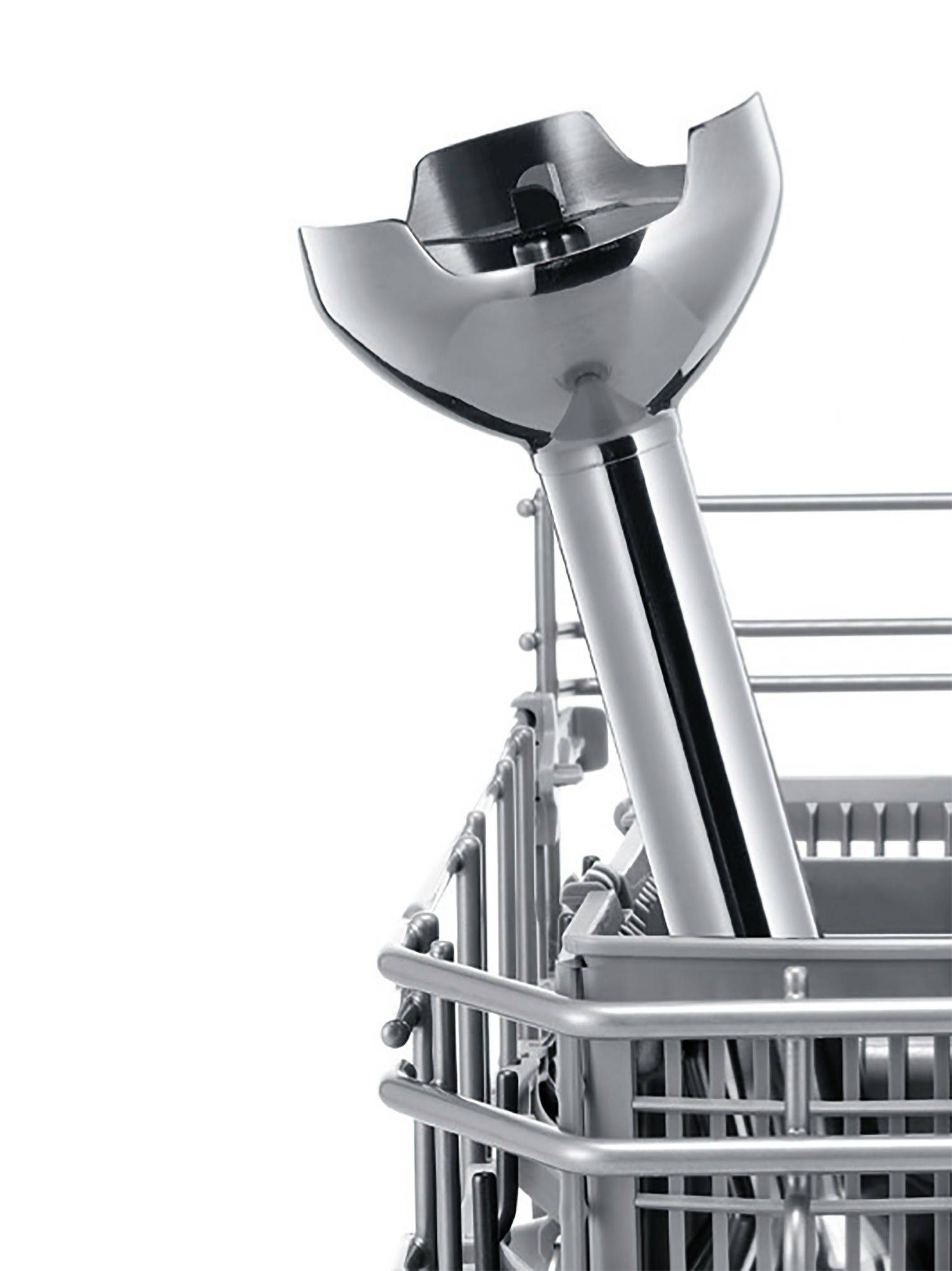 Stalowy blender ręczny stoi w koszyku na naczynia, podkreślając solidny i nowoczesny design kuchenny.